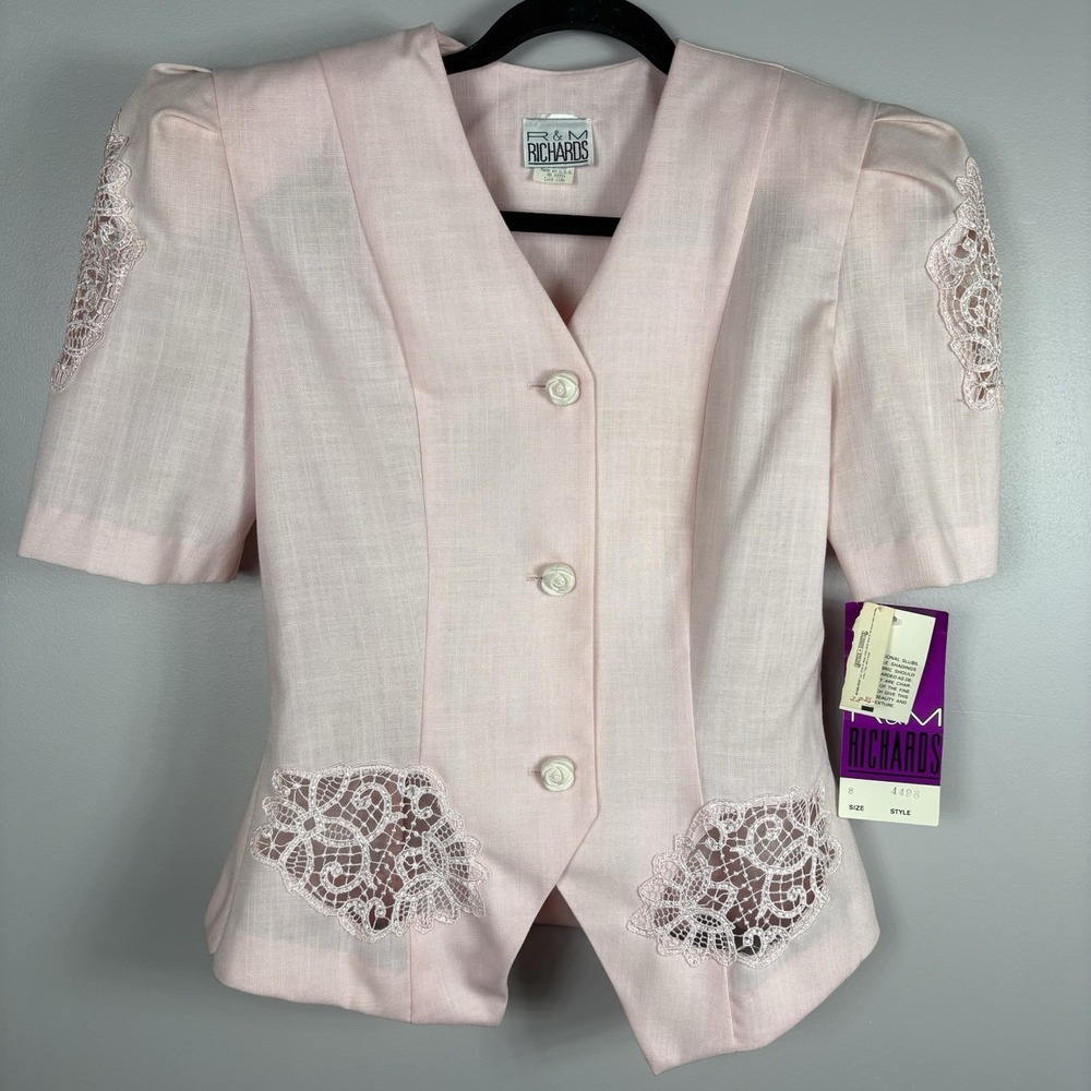 R M Richards Women's 8 Pink Button Front Crochet Short Sleeve Suit‎ Blazer NOS